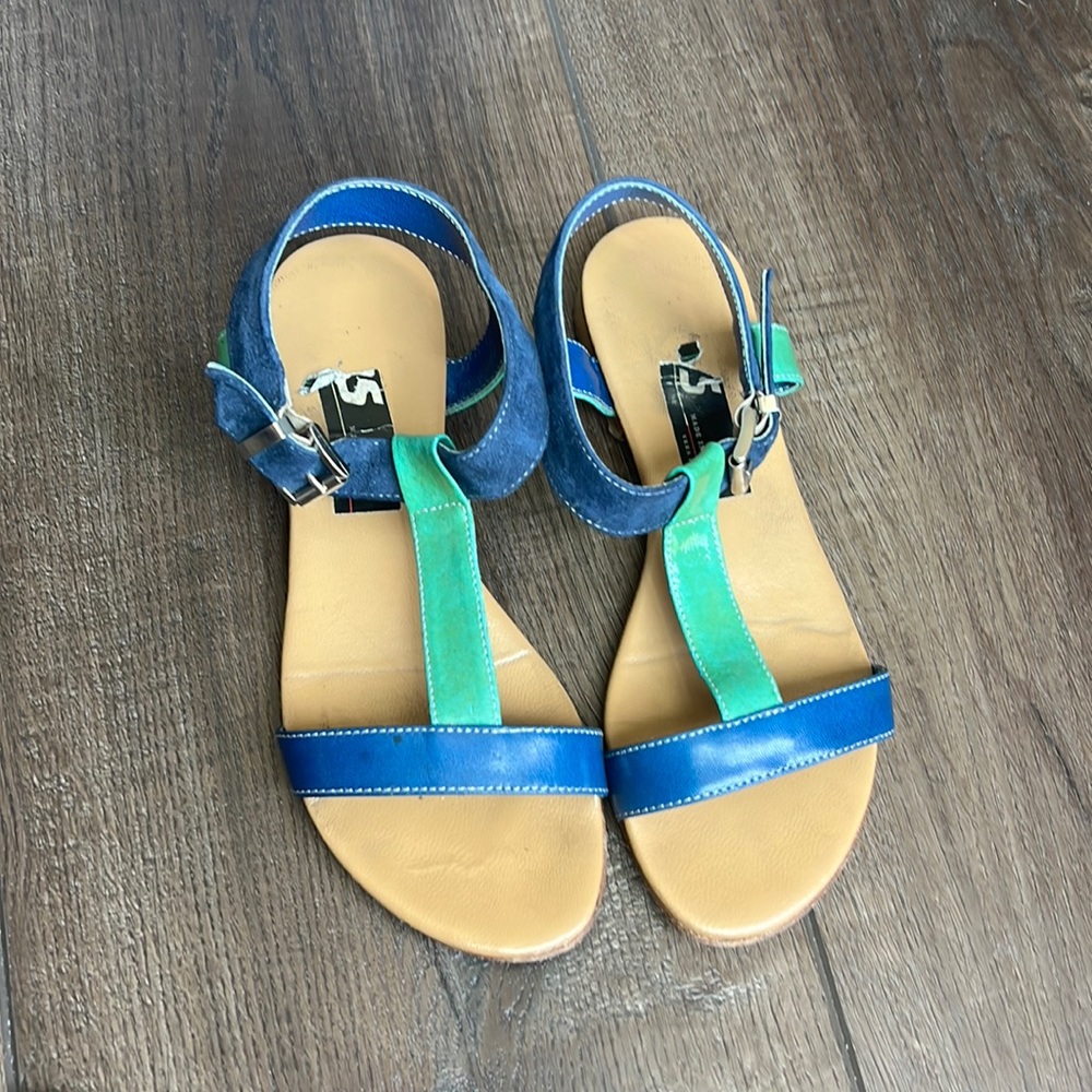 Royal blue and teal patent leather and suede sandals